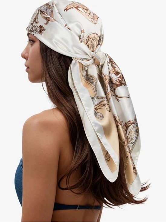 Amazon Accessories - Cream & Gold Baroque Satin-Look Square Head Scarf Bandana 35” x 35”